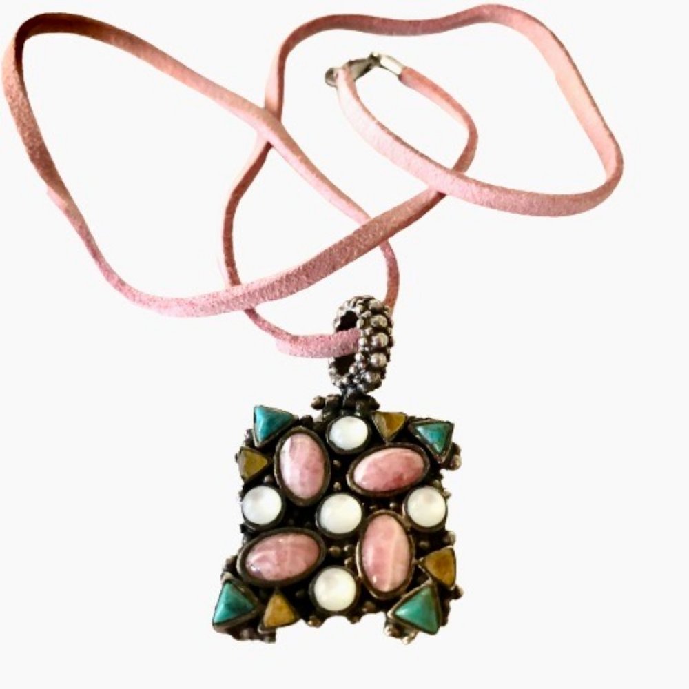 Barse Sterling Silver Rhodochrosite Turquoise Mother of Pearl Pendant Necklace